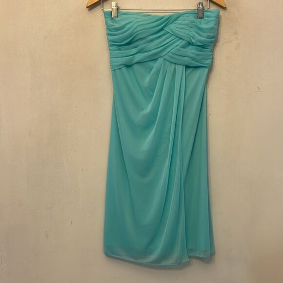 David’s Bridal Aqua Short Flowy Strapless Mesh Dress Size 4 New - Picture 2 of 8
